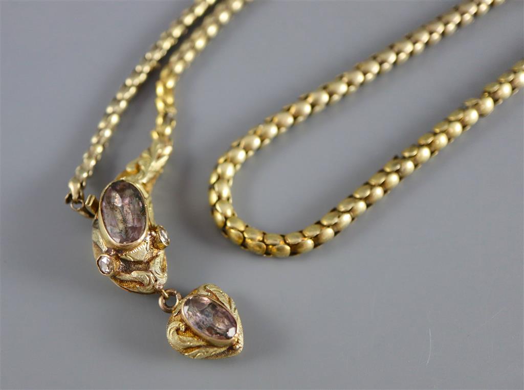 An early Victorian two colour gold and foil backed topaz? set mourning drop necklace,